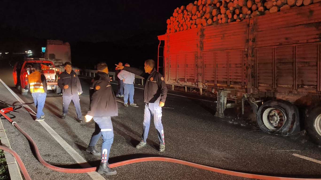 Çevre yolunda tomruk yüklü TIR'da yangın paniği haberi