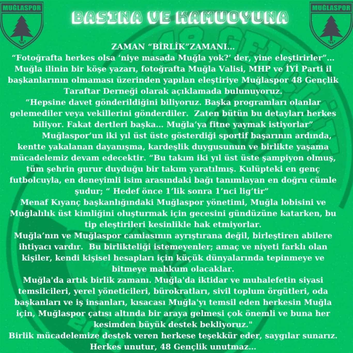 Taraftar derneğinden açıklama: 